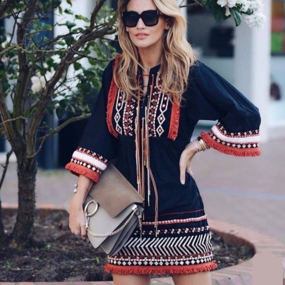 NWT Rachel Zoe Boho Embroidered Bianca Dress in Black Size 2